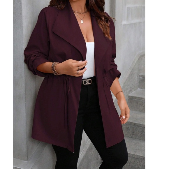 Plus Burgundy Wide Collar Drawstring Lightweight Jacket Coat - Picture 4 of 7